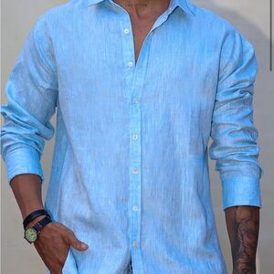 Men's Light Blue and Navy Linen Italian Shirt